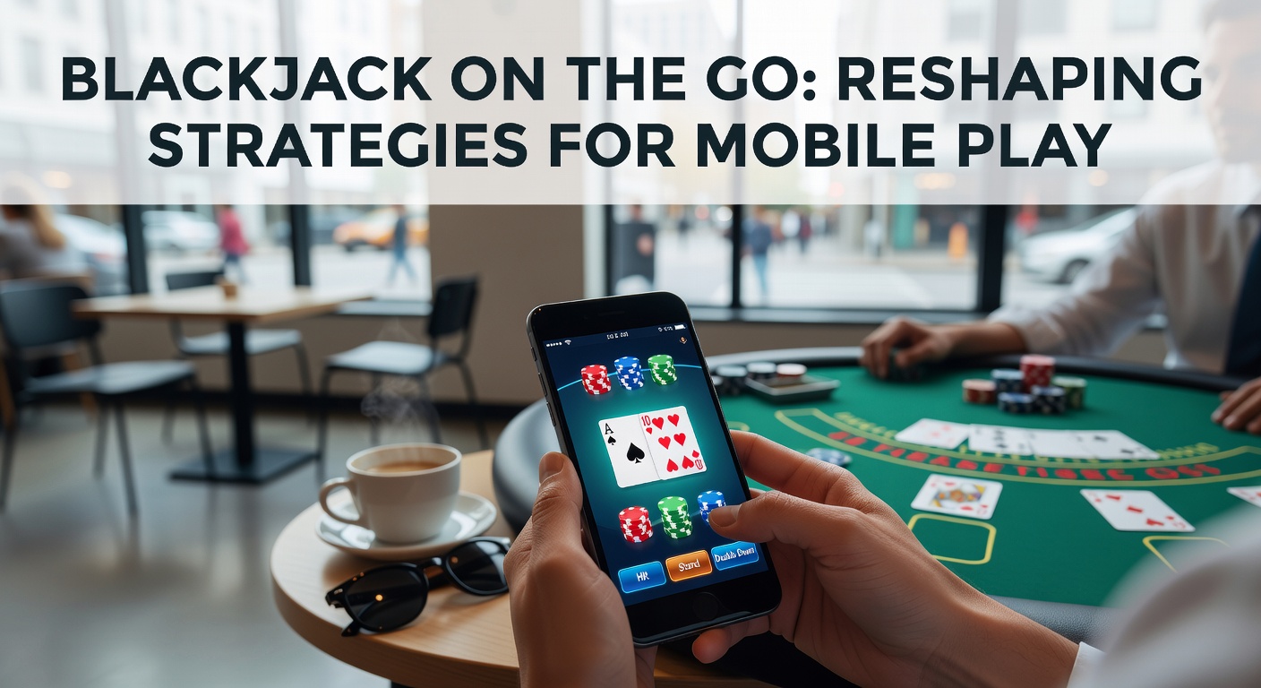 Player holding smartphone engaged in a mobile blackjack game at a cafe table, cards and chips visible on screen