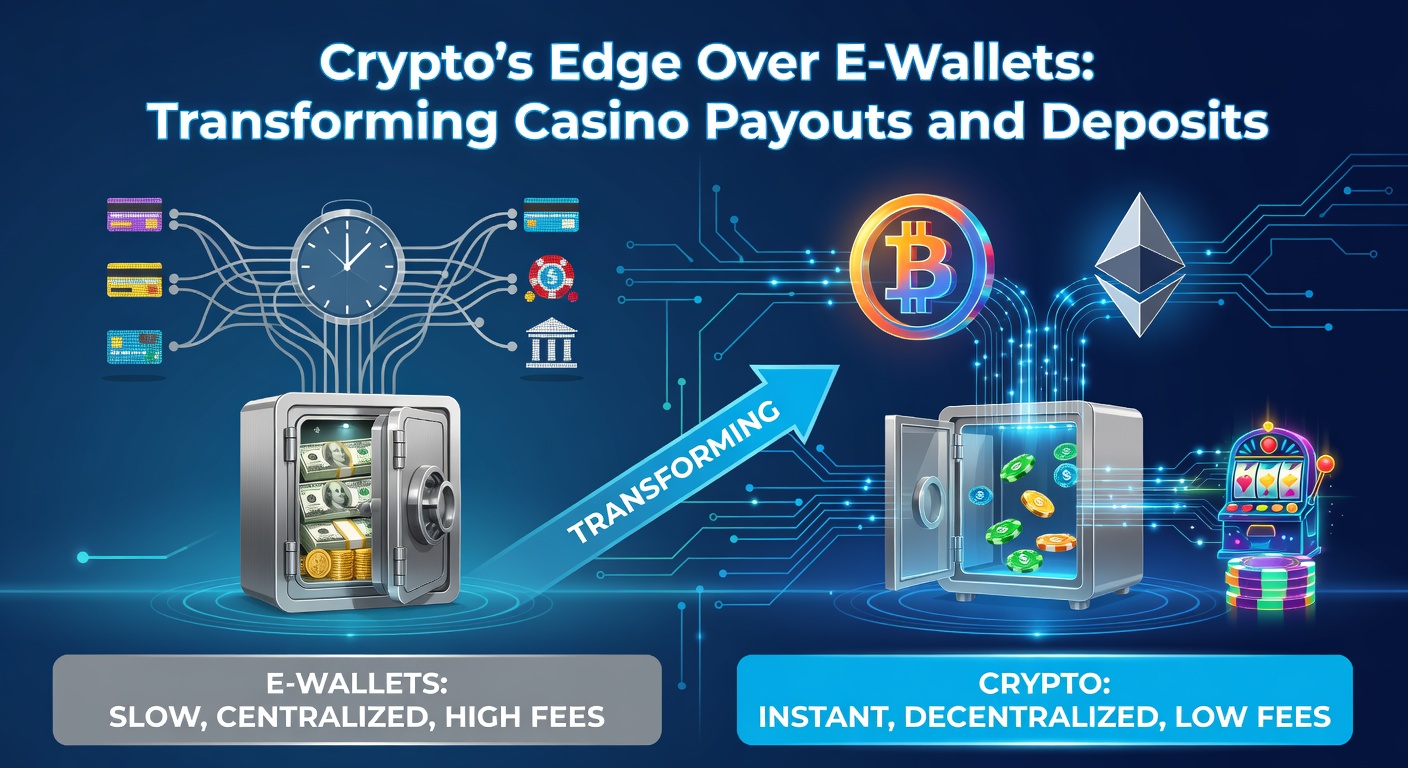 Digital illustration of cryptocurrency coins flowing into a casino slot machine, symbolizing fast deposits and payouts