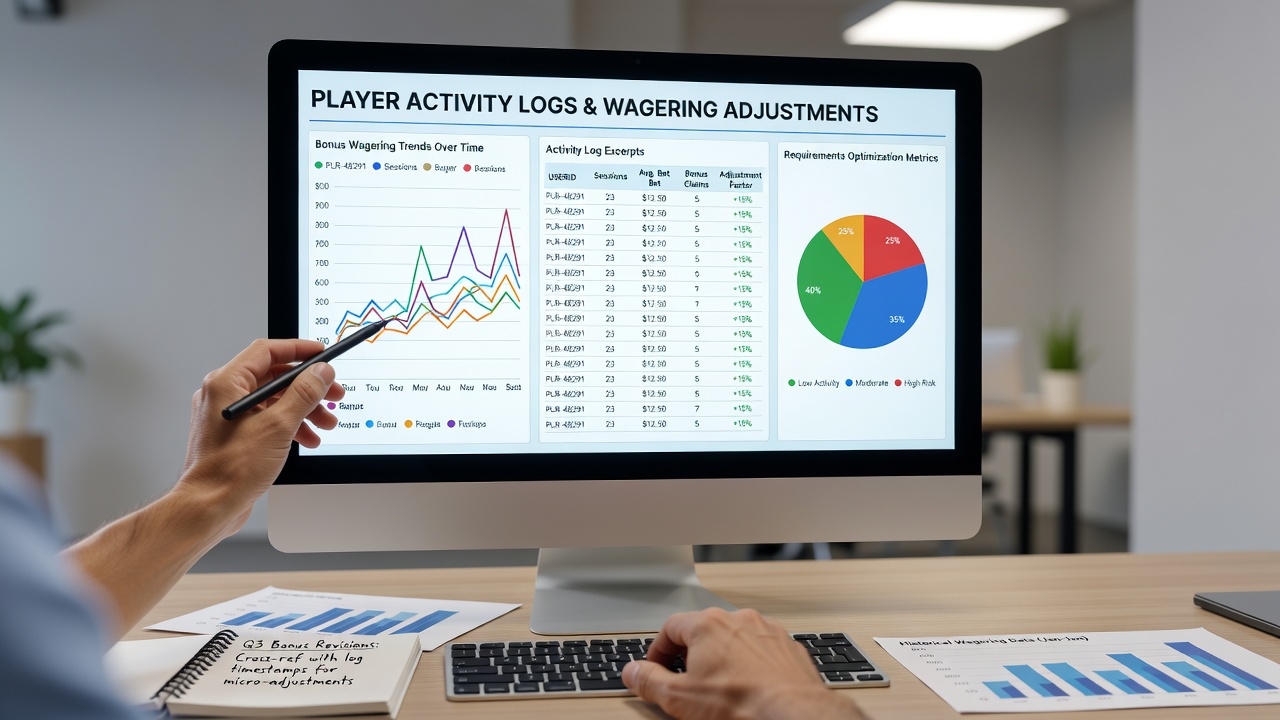 Data analysts review player activity dashboards showing real-time wagering metrics from digital gambling platforms