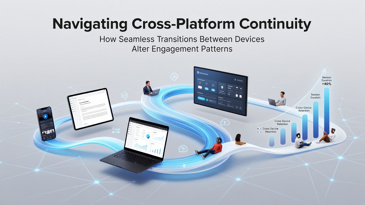 Graph and diagram depicting engagement metrics such as session duration and login frequency before and after implementing cross-device continuity features in online gambling platforms