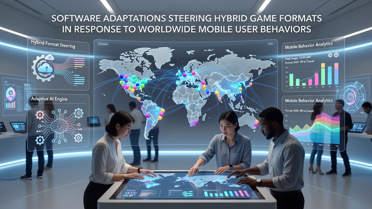 Developers reviewing analytics dashboards showing mobile behavior trends and hybrid game performance metrics